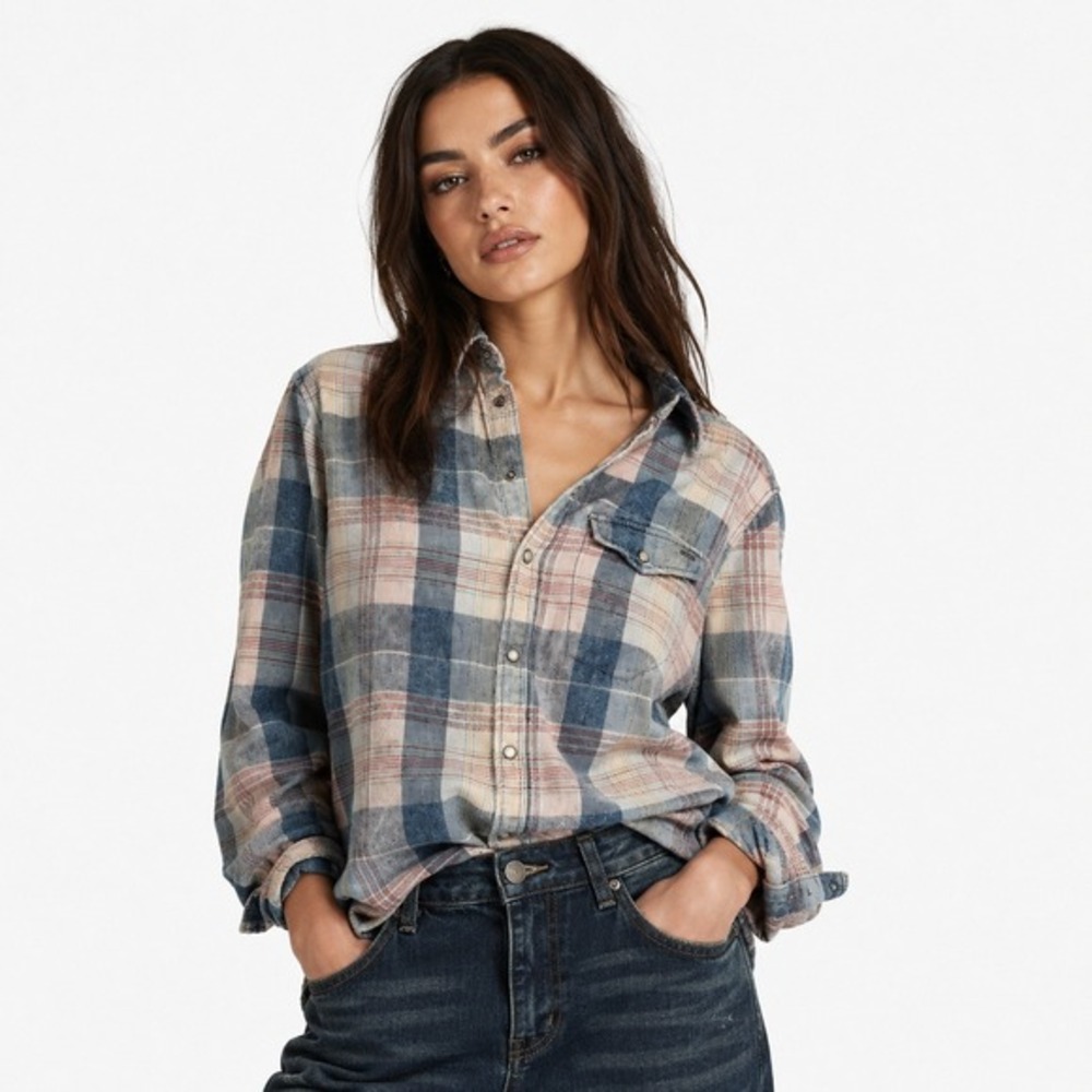 G-Star Raw Womens Tacoma Boyfriend Plaid Shirt Distressed Blue Pink Size M